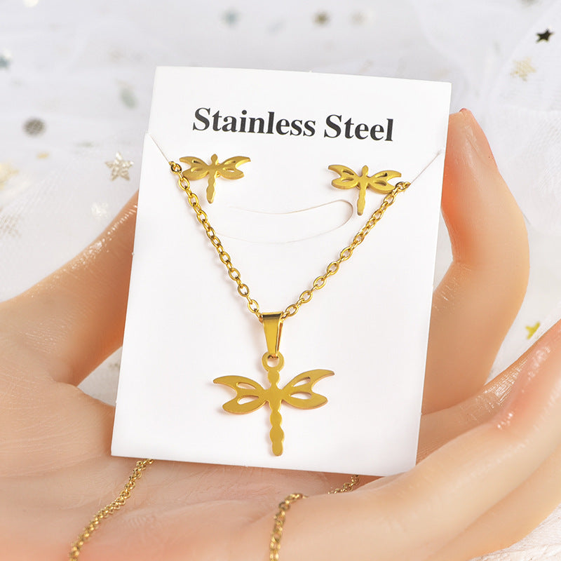 Fashion Star Heart Shape Crown Stainless Steel Inlaid Gold Women's Earrings Necklace 1 Set