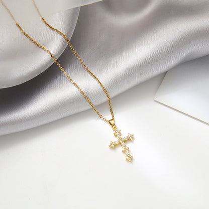 Retro Cross Stainless Steel Inlay Rhinestones Pendant Necklace