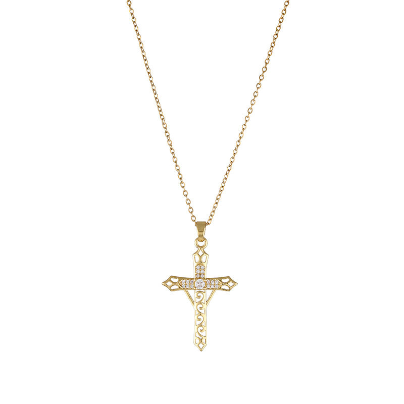 Fashion Cross Stainless Steel Inlay Zircon Necklace