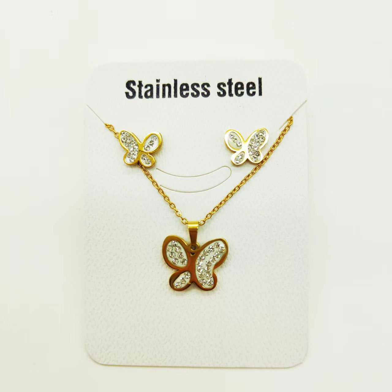 Fashion Star Heart Shape Butterfly Titanium Steel Inlay Rhinestones Women's Earrings Necklace 1 Set