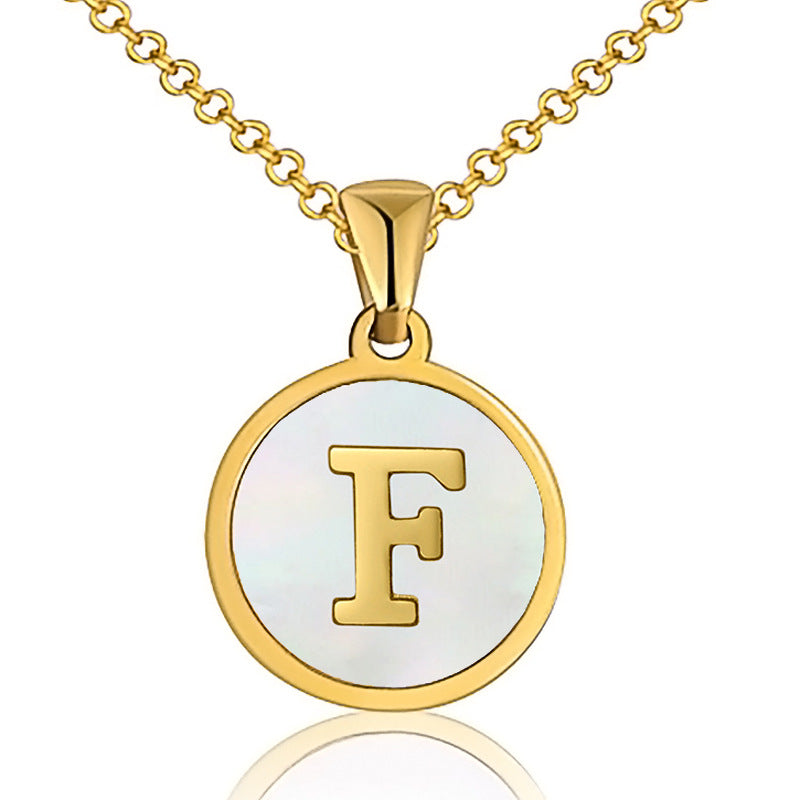 Fashion Round Letter Titanium Steel Inlaid Shell Pendant Necklace