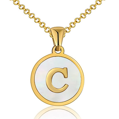 Fashion Round Letter Titanium Steel Inlaid Shell Pendant Necklace