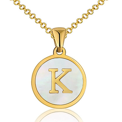 Fashion Round Letter Titanium Steel Inlaid Shell Pendant Necklace