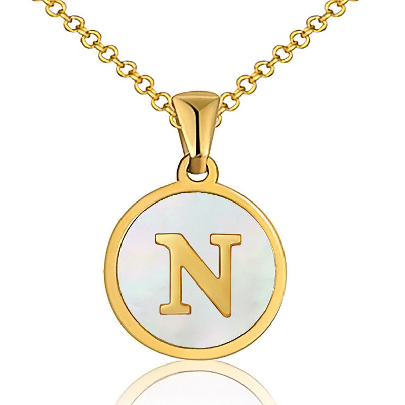 Fashion Round Letter Titanium Steel Inlaid Shell Pendant Necklace