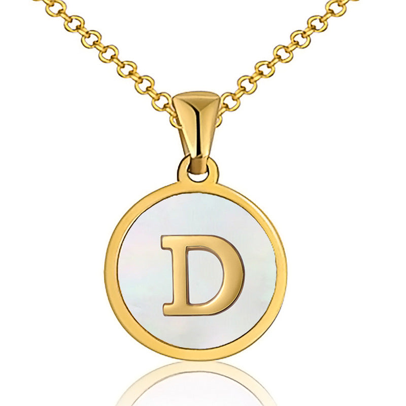 Fashion Round Letter Titanium Steel Inlaid Shell Pendant Necklace