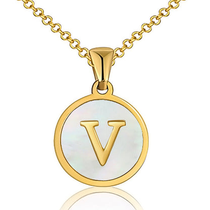 Fashion Round Letter Titanium Steel Inlaid Shell Pendant Necklace