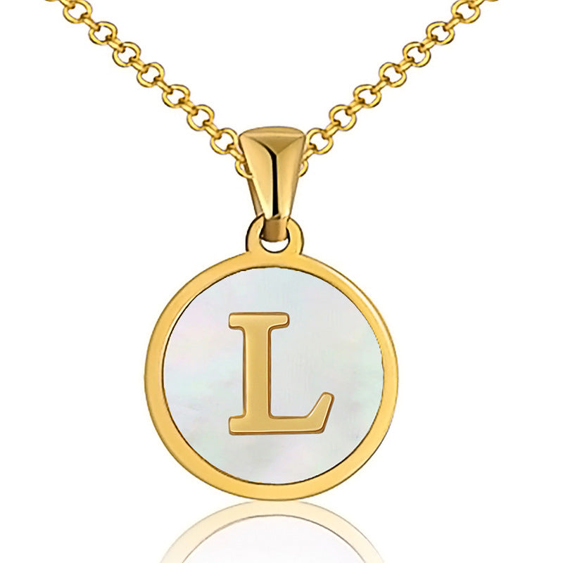 Fashion Round Letter Titanium Steel Inlaid Shell Pendant Necklace