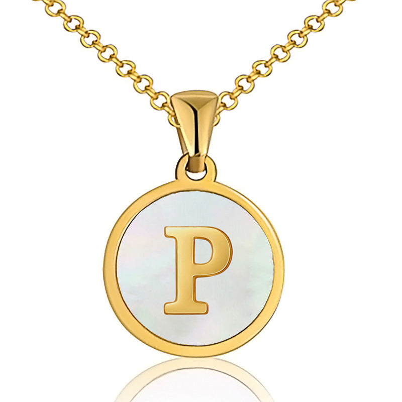 Fashion Round Letter Titanium Steel Inlaid Shell Pendant Necklace