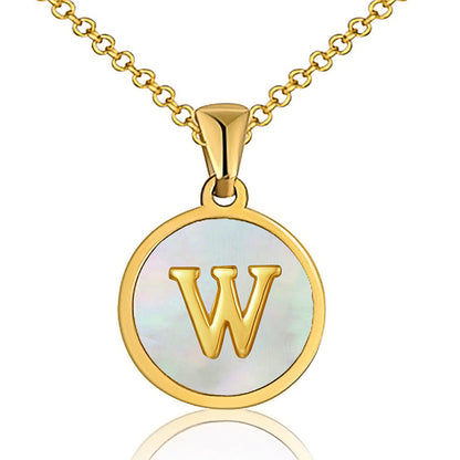 Fashion Round Letter Titanium Steel Inlaid Shell Pendant Necklace