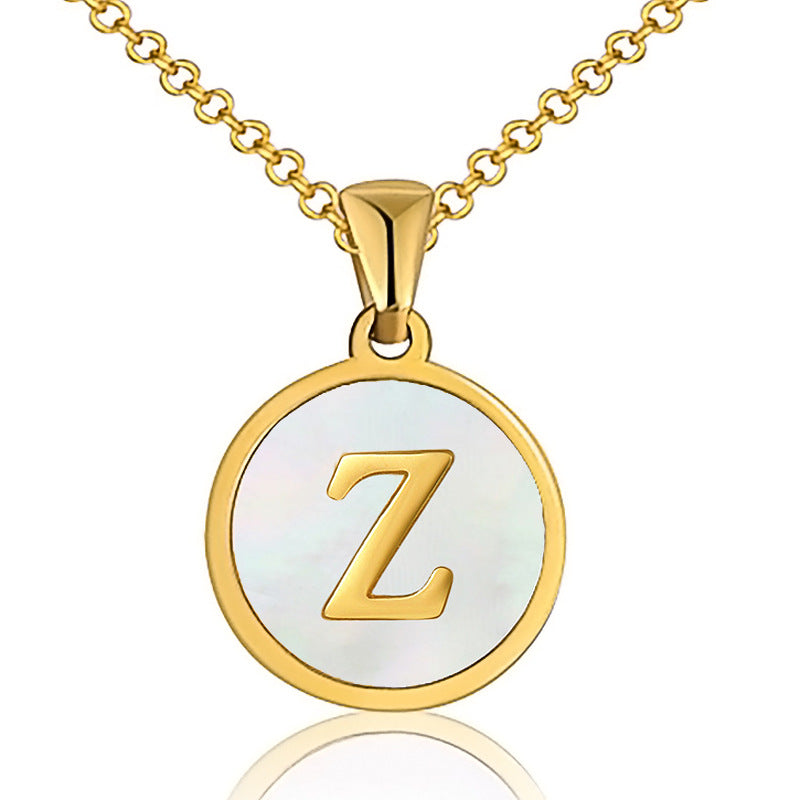 Fashion Round Letter Titanium Steel Inlaid Shell Pendant Necklace