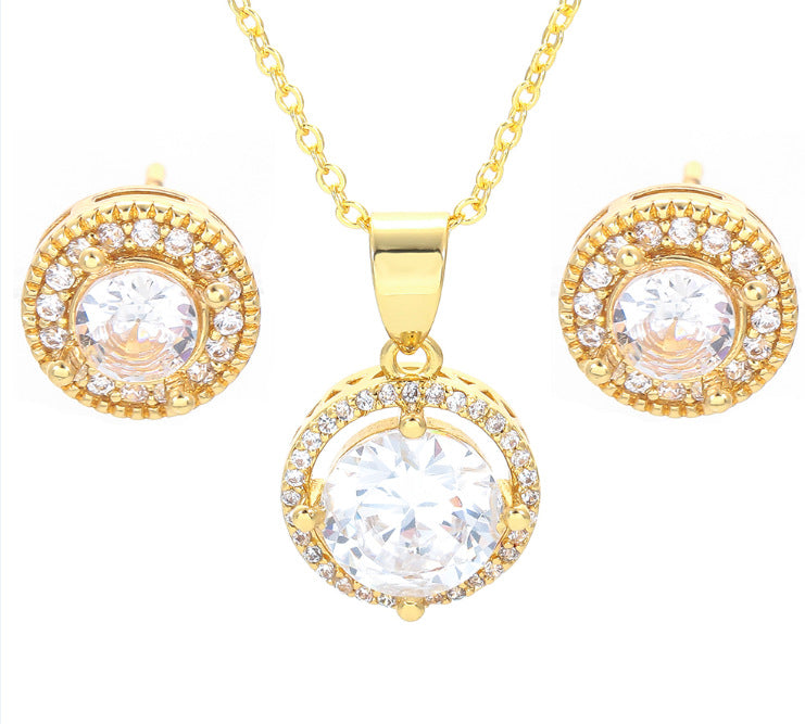 Fashion Round Copper Plating Inlay Zircon Women's Earrings Necklace 1 Set