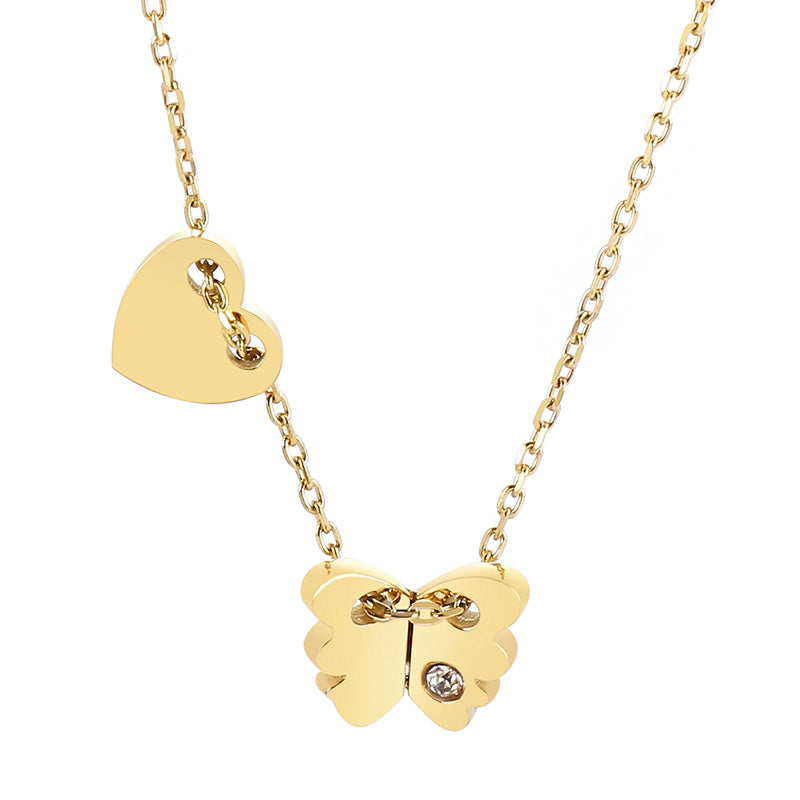 Sweet Heart Shape Butterfly Stainless Steel Plating Rhinestones Necklace 1 Piece