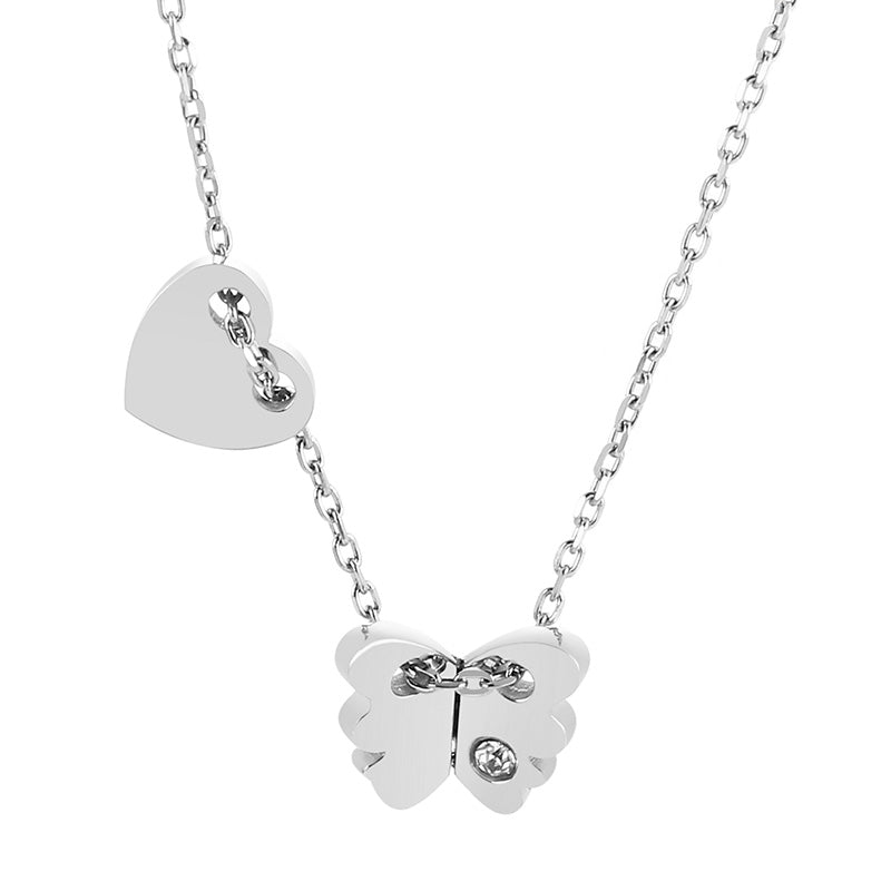 Sweet Heart Shape Butterfly Stainless Steel Plating Rhinestones Necklace 1 Piece