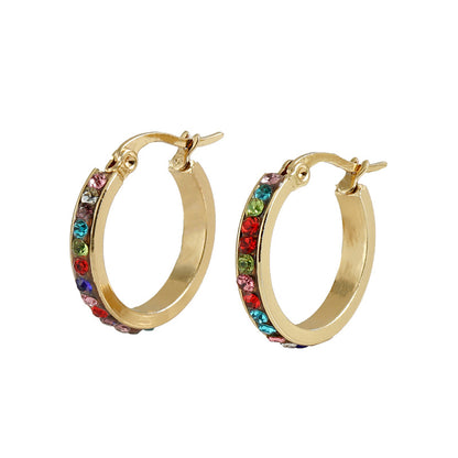 1 Pair Fashion Geometric Inlay Titanium Steel Rhinestones Hoop Earrings