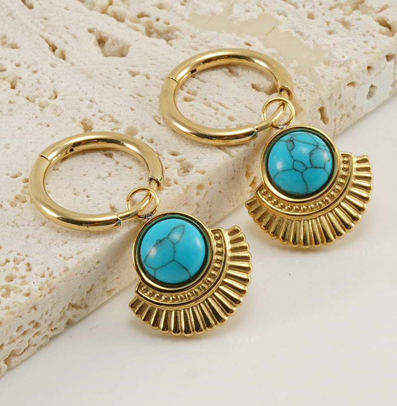 1 Pair Retro Round Water Droplets Snake Inlay Stainless Steel Artificial Gemstones Turquoise Drop Earrings