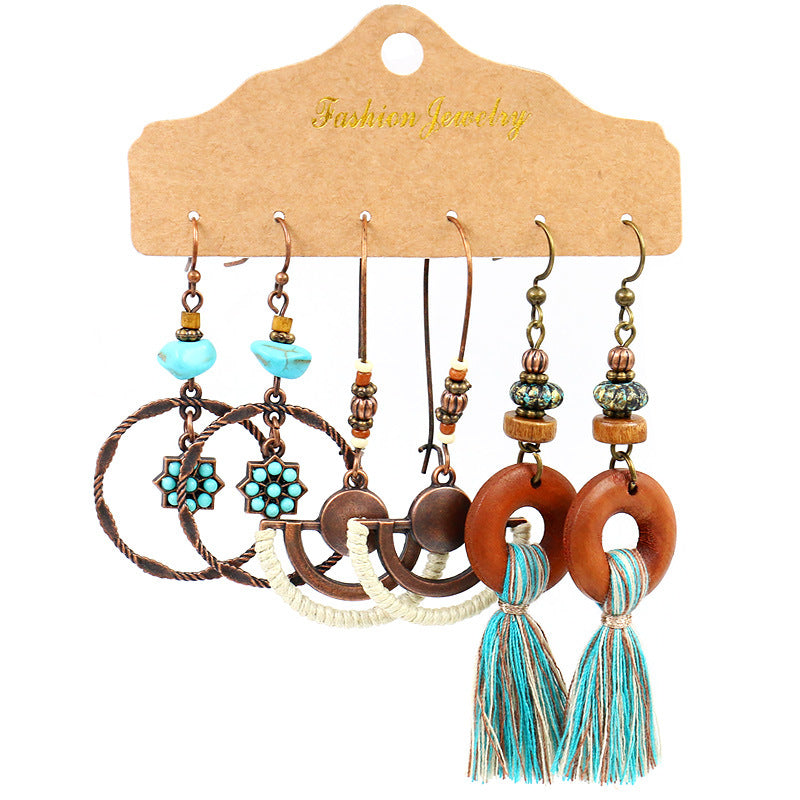 1 Set Retro Bohemian Round Water Droplets Flower Irregular Tassel Inlay Alloy Turquoise Drop Earrings