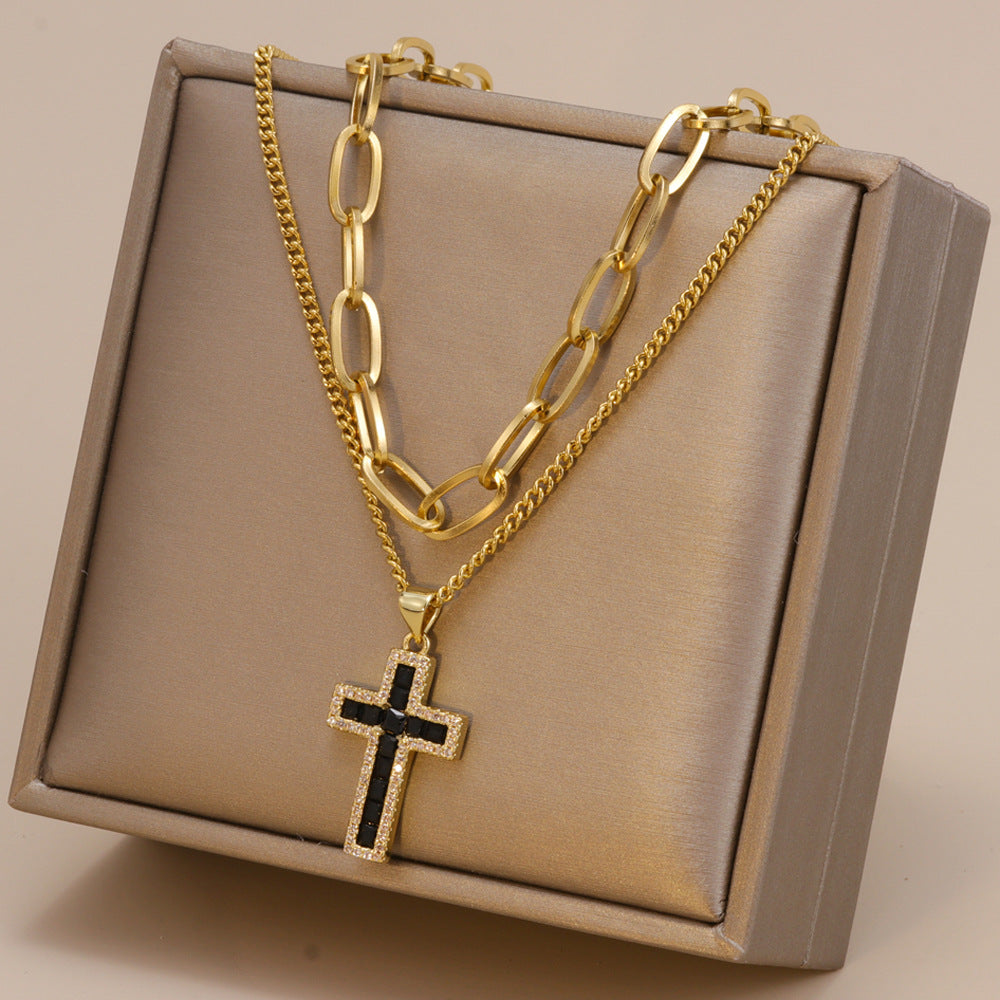 Fashion Cross Stainless Steel Plating Zircon Layered Necklaces 1 Piece