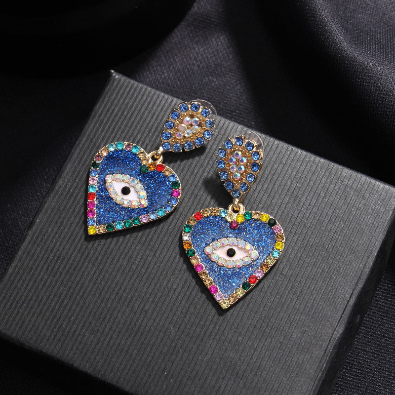 1 Pair Exaggerated Devil's Eye Heart Shape Inlay Alloy Rhinestones Drop Earrings