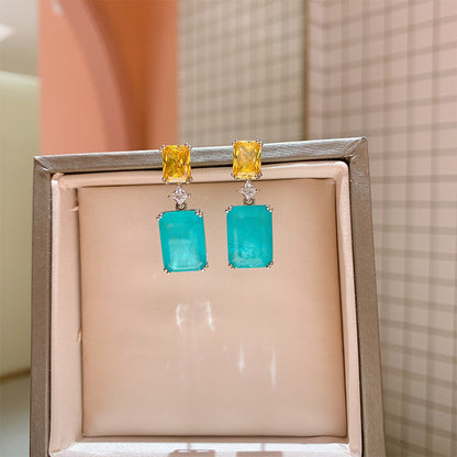 Retro Square Copper Gold Plated Inlay Zircon Drop Earrings 1 Pair