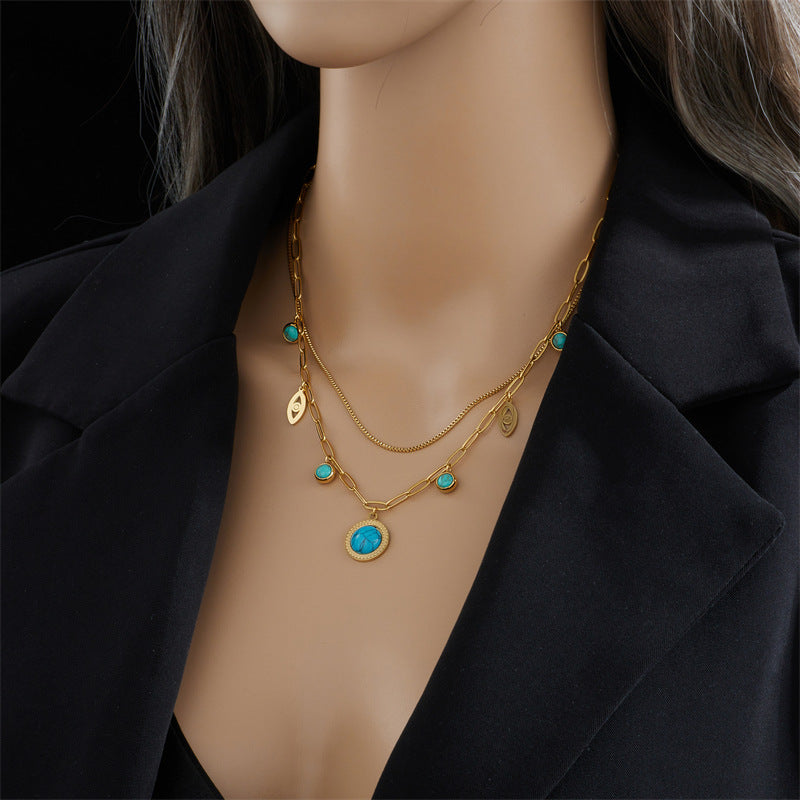 Fashion Round Devil's Eye Titanium Steel Inlay Turquoise Necklace