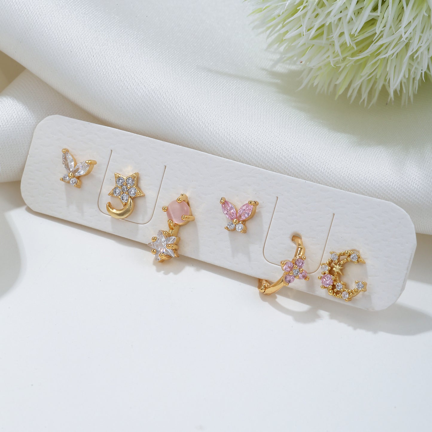 Fashion Pentagram Moon Flower Copper Inlay Zircon Earrings 6 Pieces