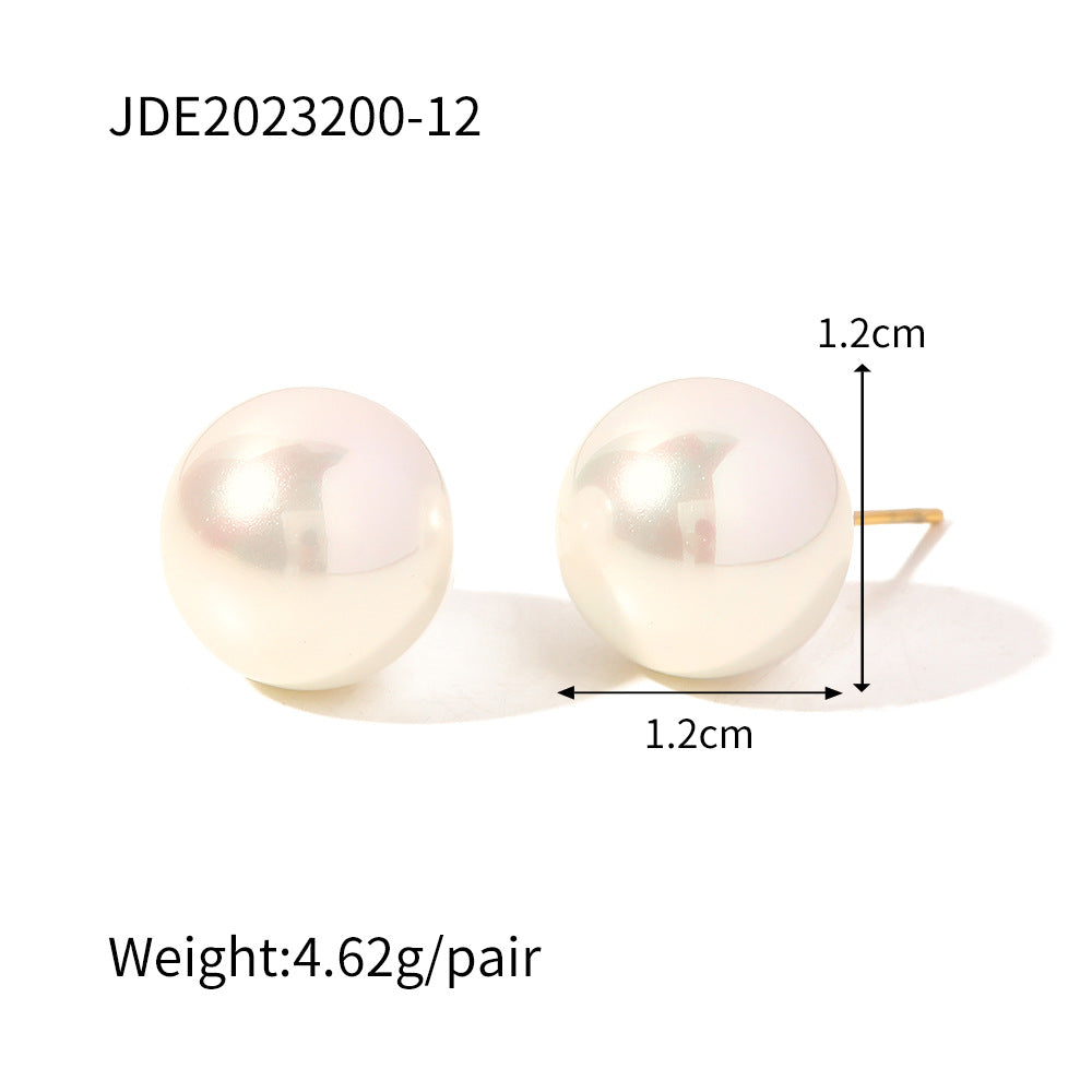 Fashion Round Stainless Steel Inlay Pearl Ear Studs 1 Pair