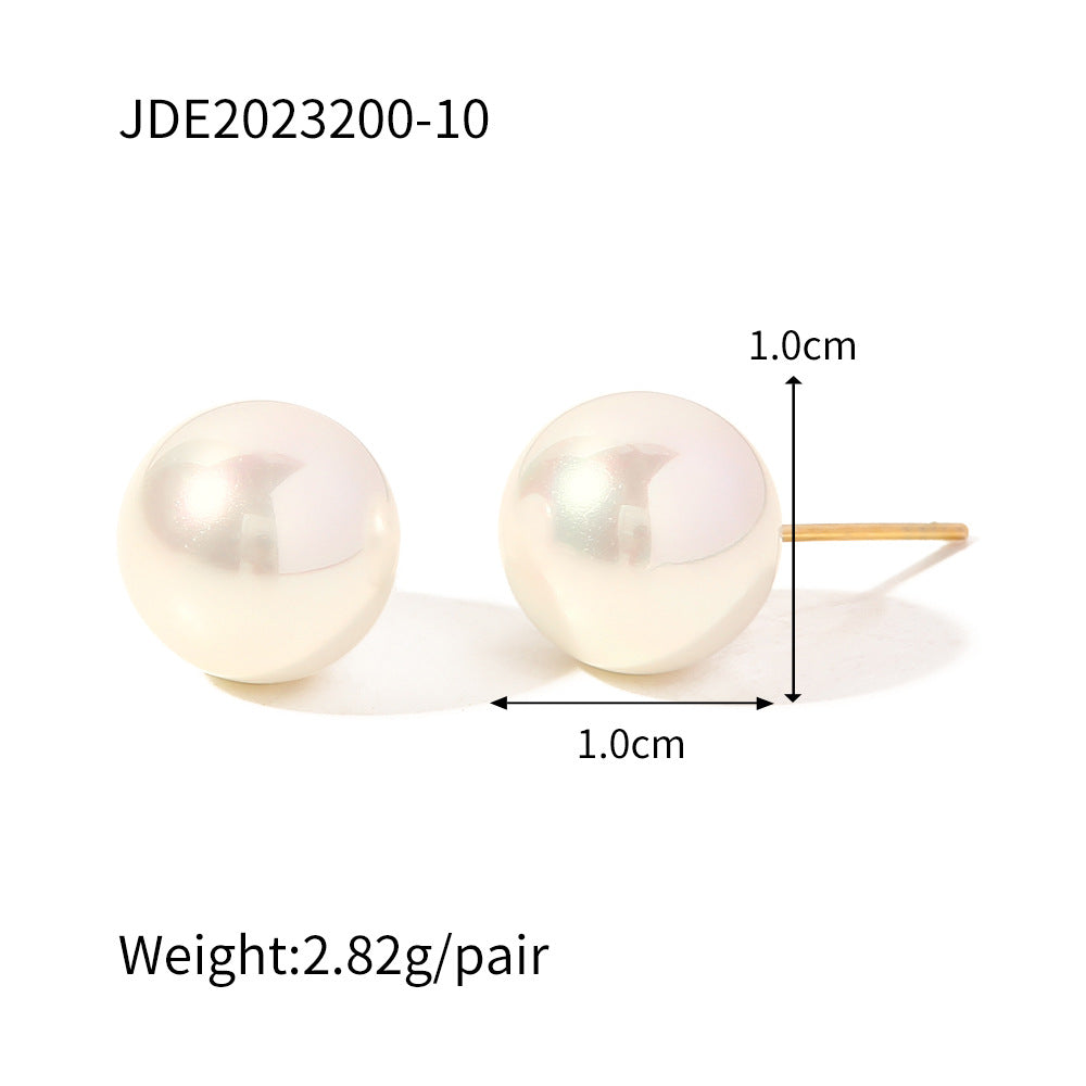 Fashion Round Stainless Steel Inlay Pearl Ear Studs 1 Pair