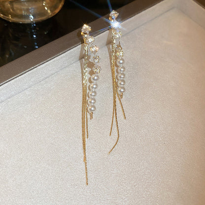 1 Pair Fashion Tassel Inlay Alloy Artificial Diamond Drop Earrings