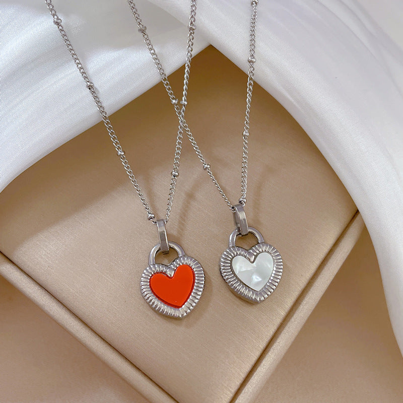 Fashion Heart Shape Titanium Steel Inlay Shell Pendant Necklace