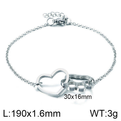 New Creative Peach Heart Cute Cat Paw Print Stainless Steel Bracelet Wholesale