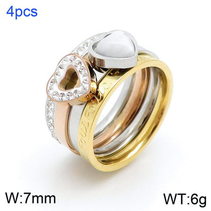 New Fashion Stainless Steel Combination Heart-shaped Full Diamond Multicolor Detachable Ring