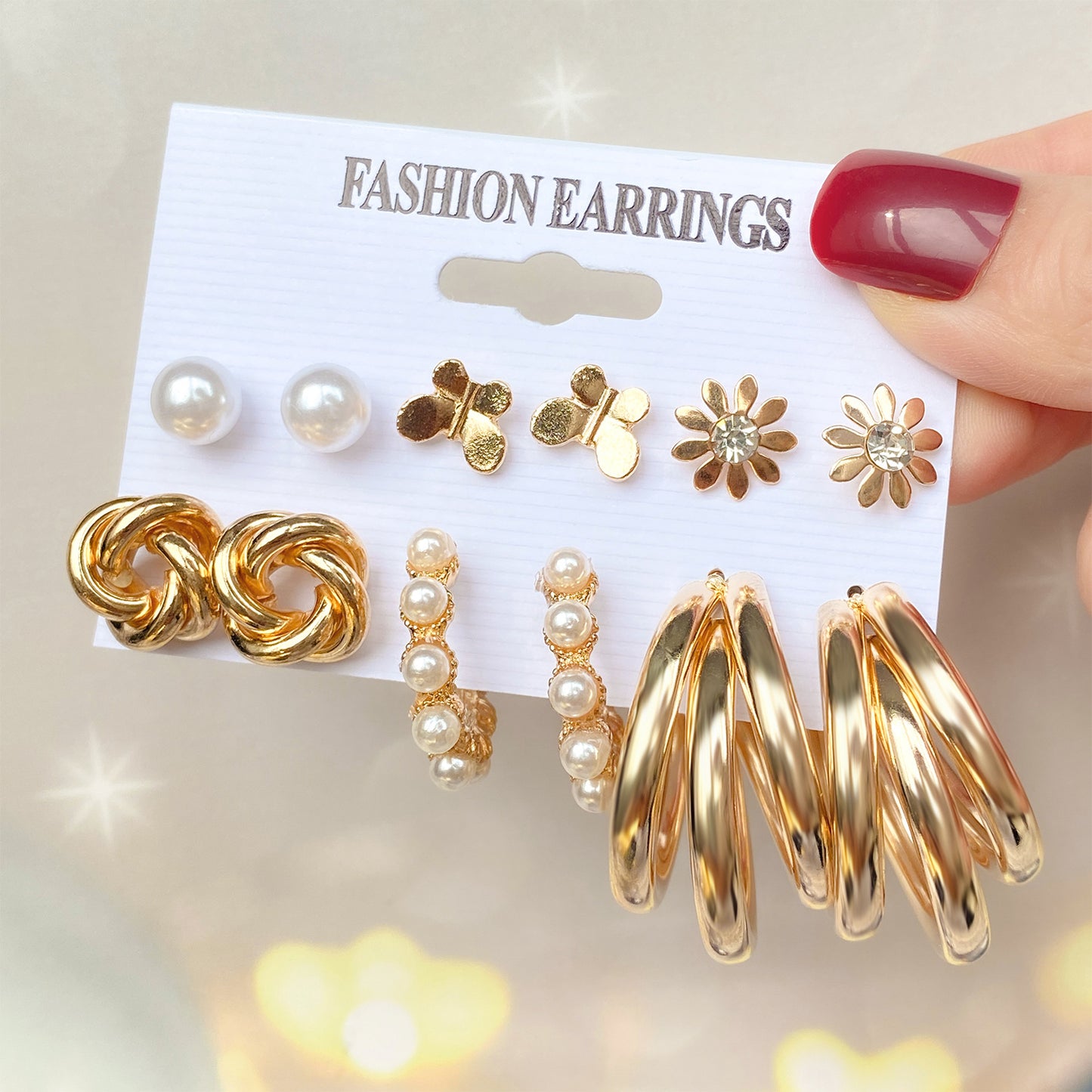 Retro Bow Knot Alloy Gold Plated Artificial Pearls Women's Earrings Ear Studs 6-piece Set