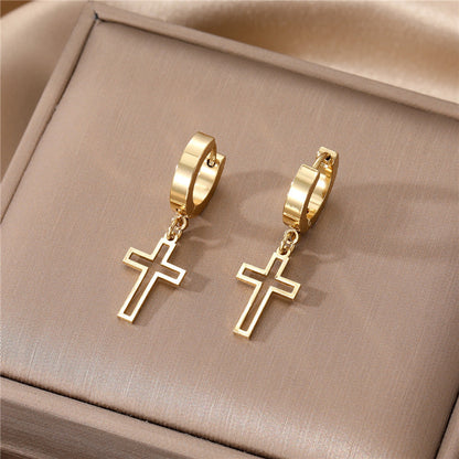 Elegant Cross Heart Shape Stainless Steel Enamel Dangling Earrings 1 Pair