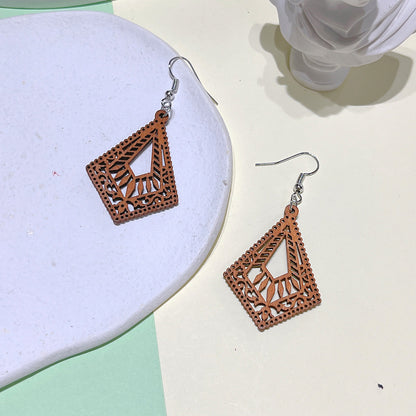 Fashion Rhombus Wood Carving Women's Drop Earrings 1 Pair