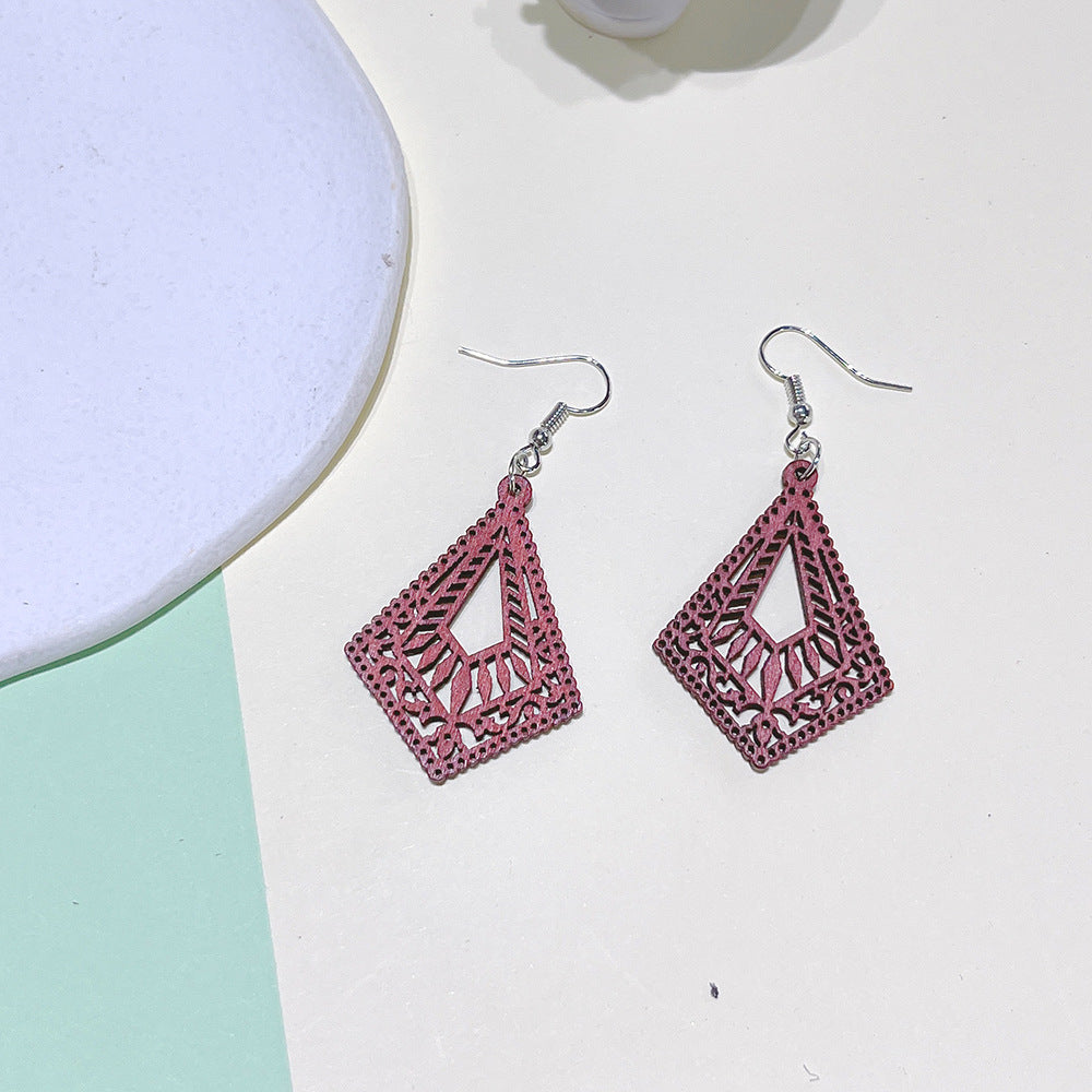 Fashion Rhombus Wood Carving Women's Drop Earrings 1 Pair