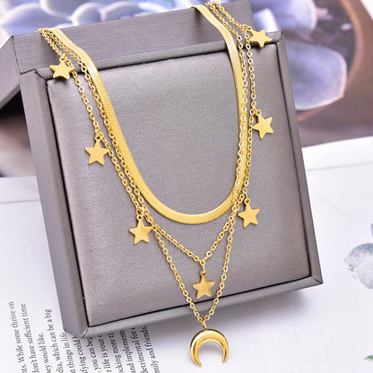 Fashion Star Moon Titanium Steel Plating Zircon Layered Necklaces 1 Piece