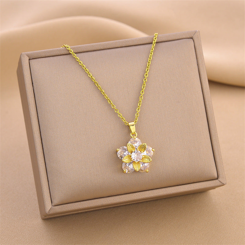 Fashion Flower Titanium Steel Inlay Zircon Pendant Necklace 1 Piece