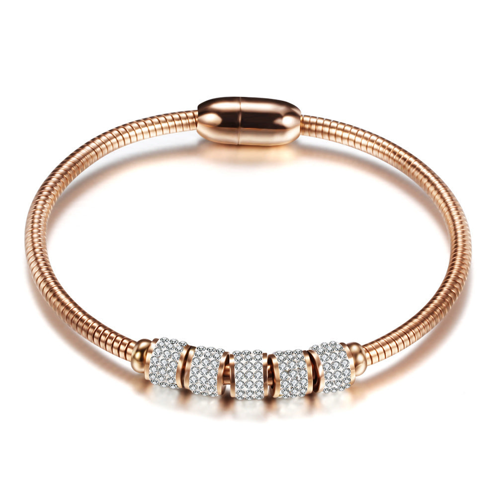 Fashion Round Stainless Steel Inlay Artificial Diamond Bangle 1 Piece