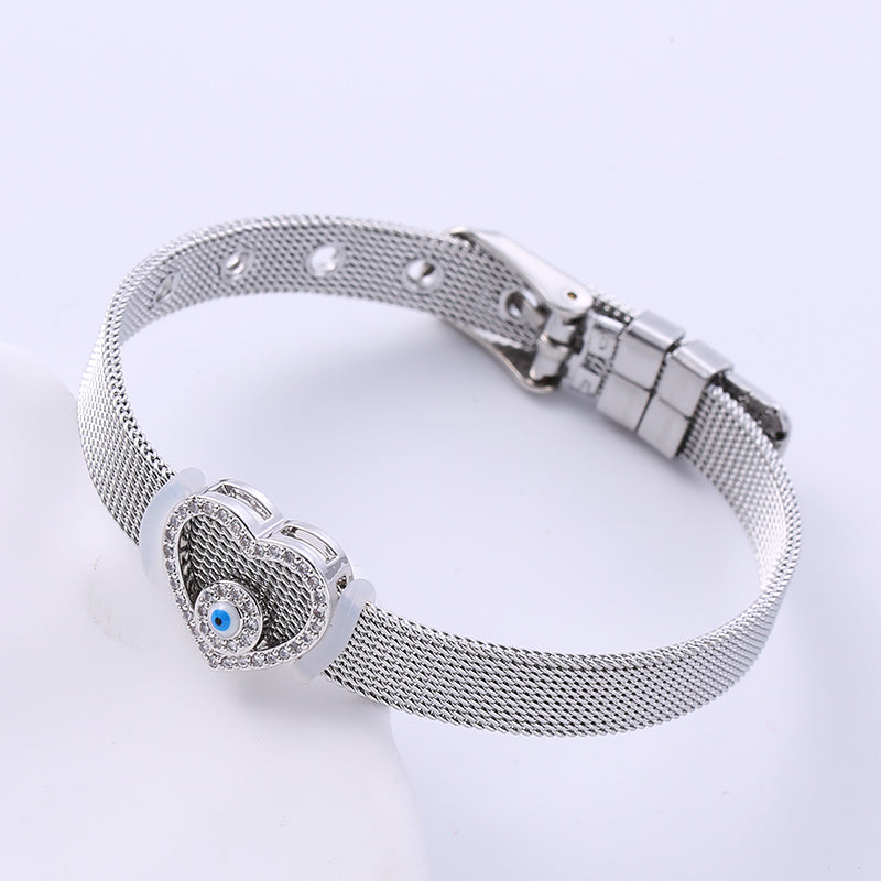 Elegant Devil's Eye Heart Shape Stainless Steel Inlay Zircon Bangle