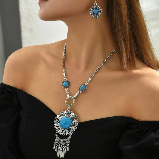 Ethnic Style Geometric Alloy Inlay Turquoise Women's Earrings Necklace 1 Set