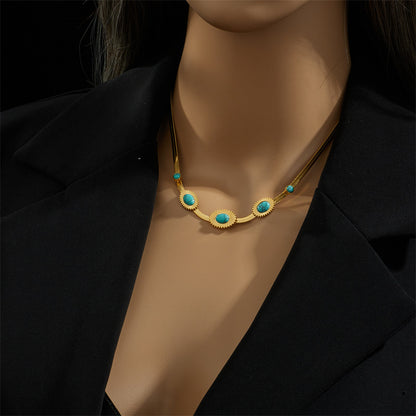 Fashion Round Oval Titanium Steel Inlay Turquoise Necklace 1 Piece