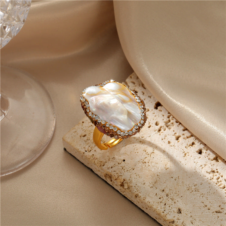 Retro Geometric Copper Plating Natural Stone Pearl Shell Open Ring