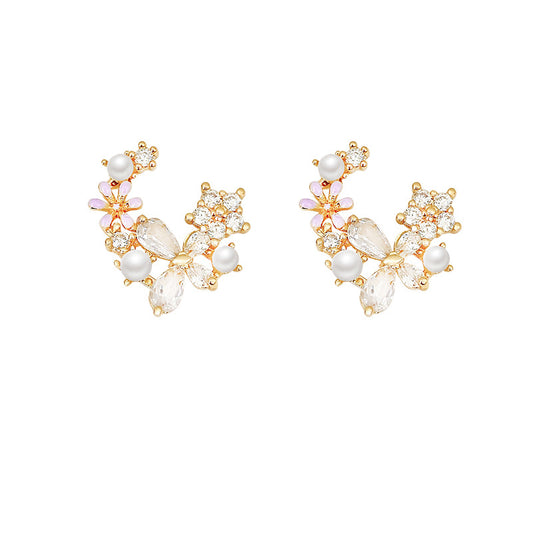 Sweet Flower Copper Inlay Artificial Pearls Zircon Ear Studs 1 Pair