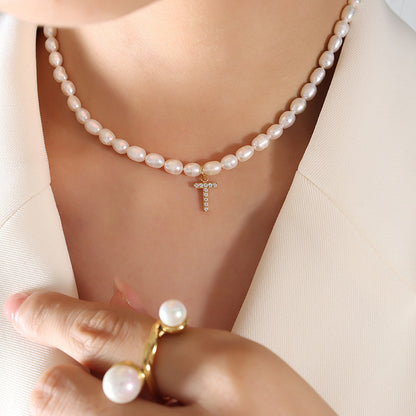 Elegant Letter Pearl Titanium Steel Plating Zircon Necklace