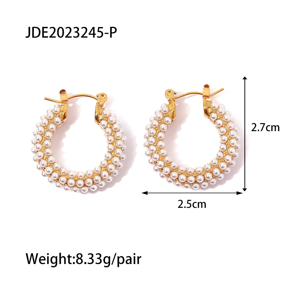 Fashion U Shape Stainless Steel Inlay Pearl Hoop Earrings 1 Pair