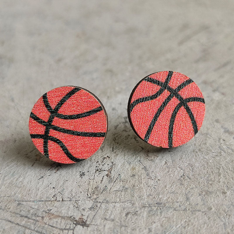 Original Design Basketball Football Wood Women's Ear Studs 1 Pair