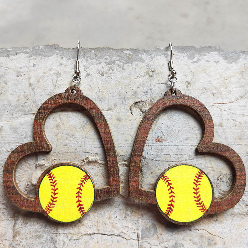 Sports Heart Shape Wood Null Printing Shape/pattern Women's Earrings