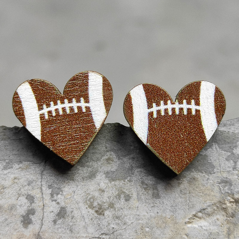 Original Design Basketball Football Wood Women's Ear Studs 1 Pair