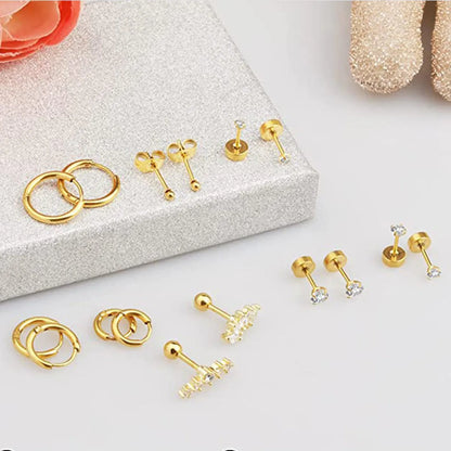 16 Pieces Simple Style Geometric Inlay Stainless Steel Copper Zircon 14K Gold Plated Ear Studs