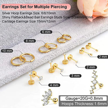 16 Pieces Simple Style Geometric Inlay Stainless Steel Copper Zircon 14K Gold Plated Ear Studs